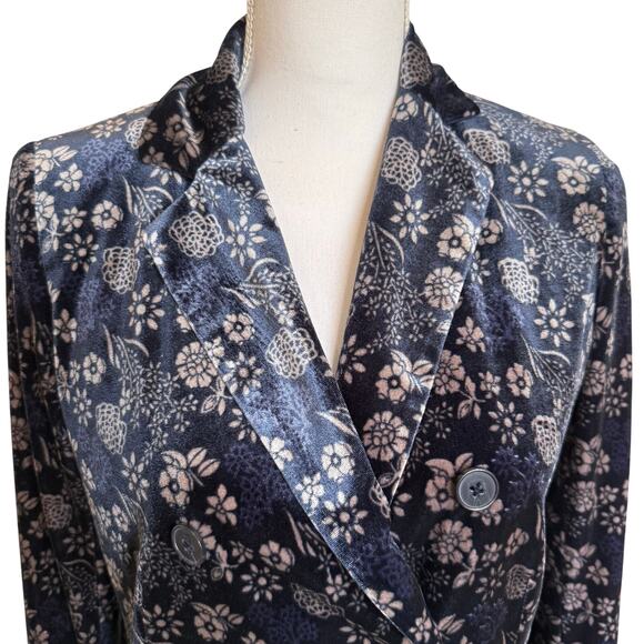 Carolina Belle Montreal Velvet Blazer XS Navy Blue Beige Floral Double Breasted - Picture 2 of 9